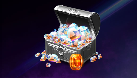 A silver chest overflows with royal crystals. The chest has a large yellow gem standing against its right side.