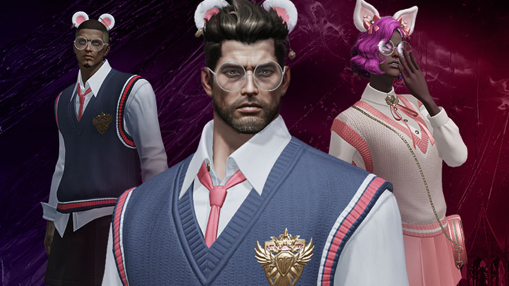 Three characters model sweater vests in pink and blue, white collared shirts, and animal ear headbands. A very preppy look.