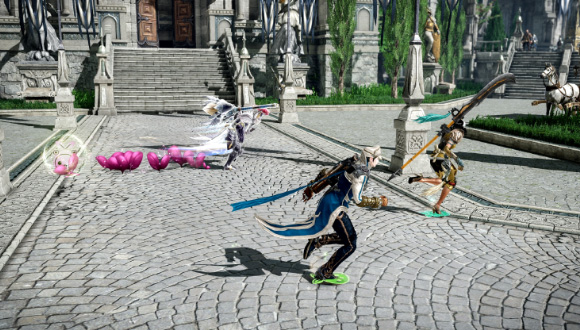 Três jogadores correm, e cada um deles exibem uma cor diferente do Mokoko Move Effect.
