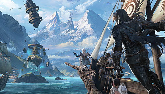 A group of adventurers stand on the bow of a ship, headed toward a mountainous and fantastical land. Other ships cruise through the bay in front of them, alongside gravity-defying stones.