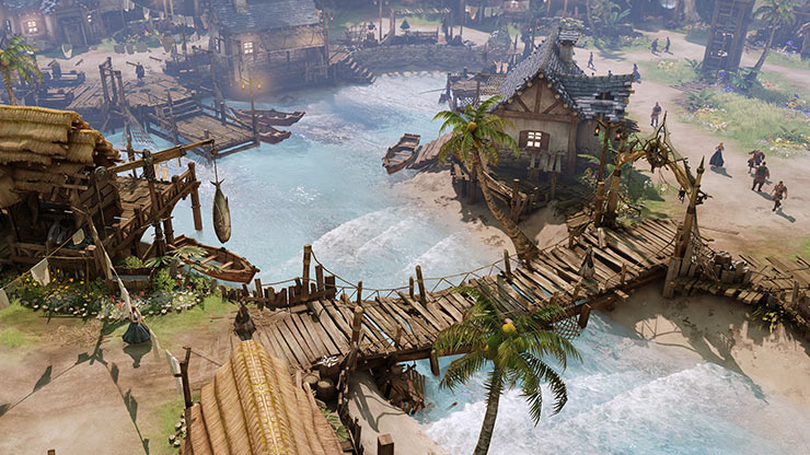 A rickety bridge connects two sides of the island. Wooden houses, a wooden, dock, palm trees, and people populate the image.