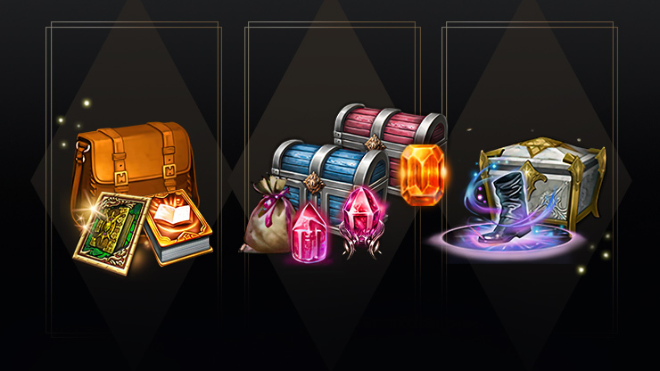 Twitch Drop rewards showing three sections: collectible cards with game art on the left and right, and decorative potion bottles with ornate designs in purple and red in the center. 