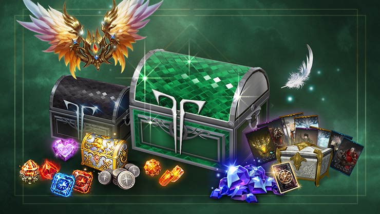 El paquete de inicio Premium incluye un cofre verde, un cofre negro, pilas de joyas, cartas y un cofre de plata ornamentado con un león dorado.