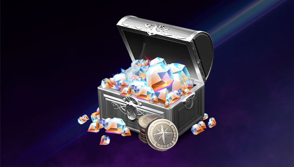 A silver chest overflows with royal crystals. The chest has a stack of silver coins next to it.