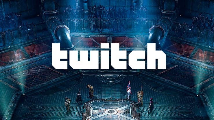 Twitch logo over a Lost Ark screenshot of six characters stand at the center of what appears to be a huge octagonal arena or chamber. The space is constructed almost entirely of metal, with bright spotlights shining up from the ground.