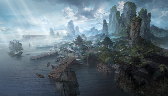 Sun rays pierce the clouds above a bustling port in Anikka.