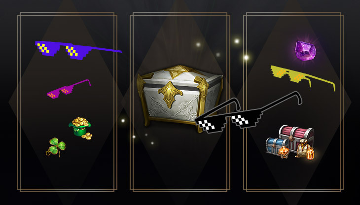 A white chest with gold trim. Four pixelated sunglasses, black, yellow, blue, magenta. Two treasure chests and a purple gem.