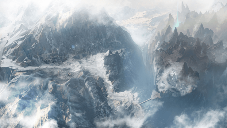A snowy mountain range with deep chasms and jagged peaks.