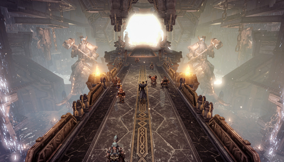 A long, ornate bridge holds a player character and dwarves in a great hall.