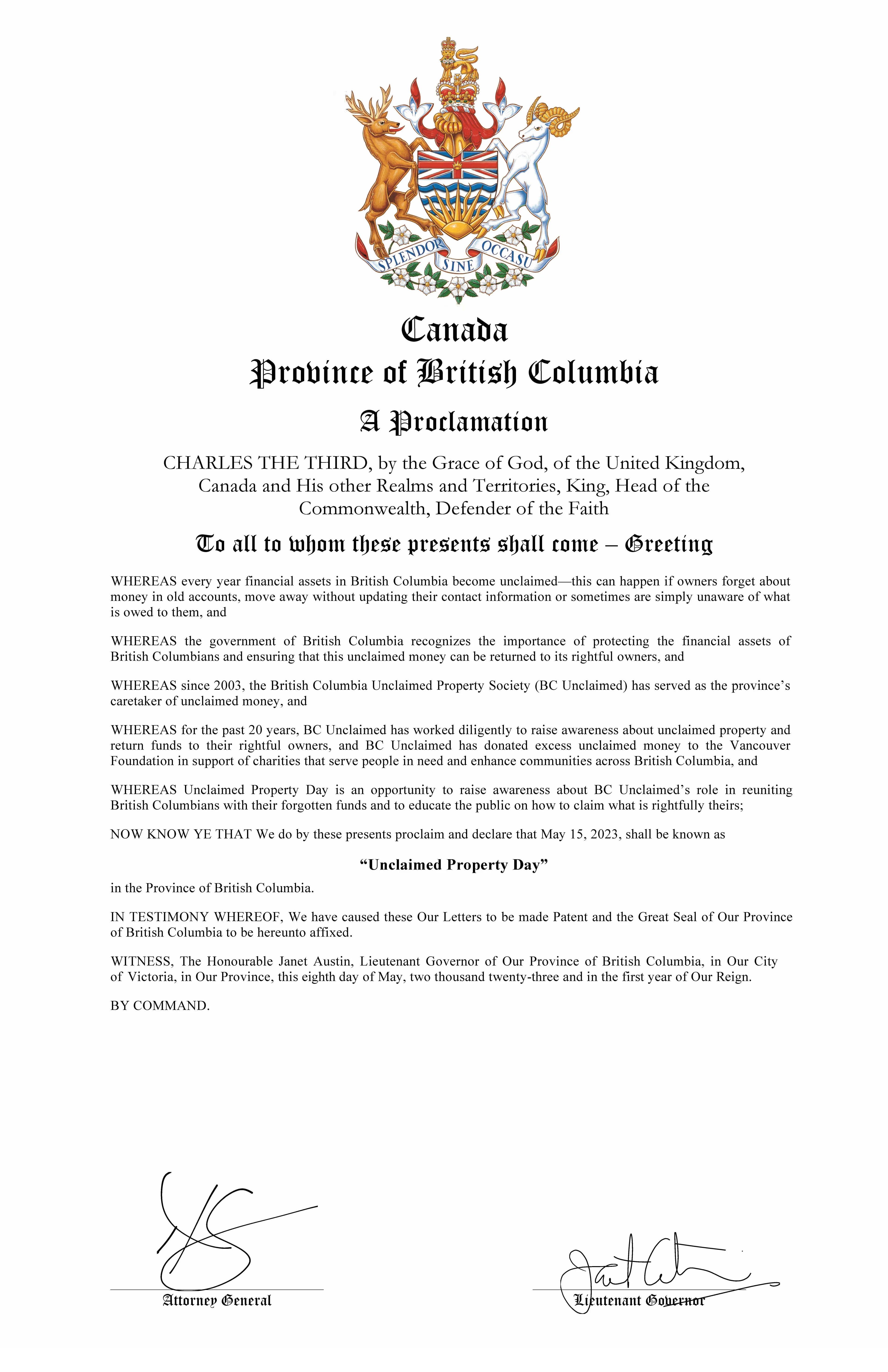 Image of Province of British Columbia proclamation declaring May 15, 2023 as Unclaimed Property Day