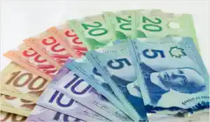 Image of Canadian dollar bills laying on white background