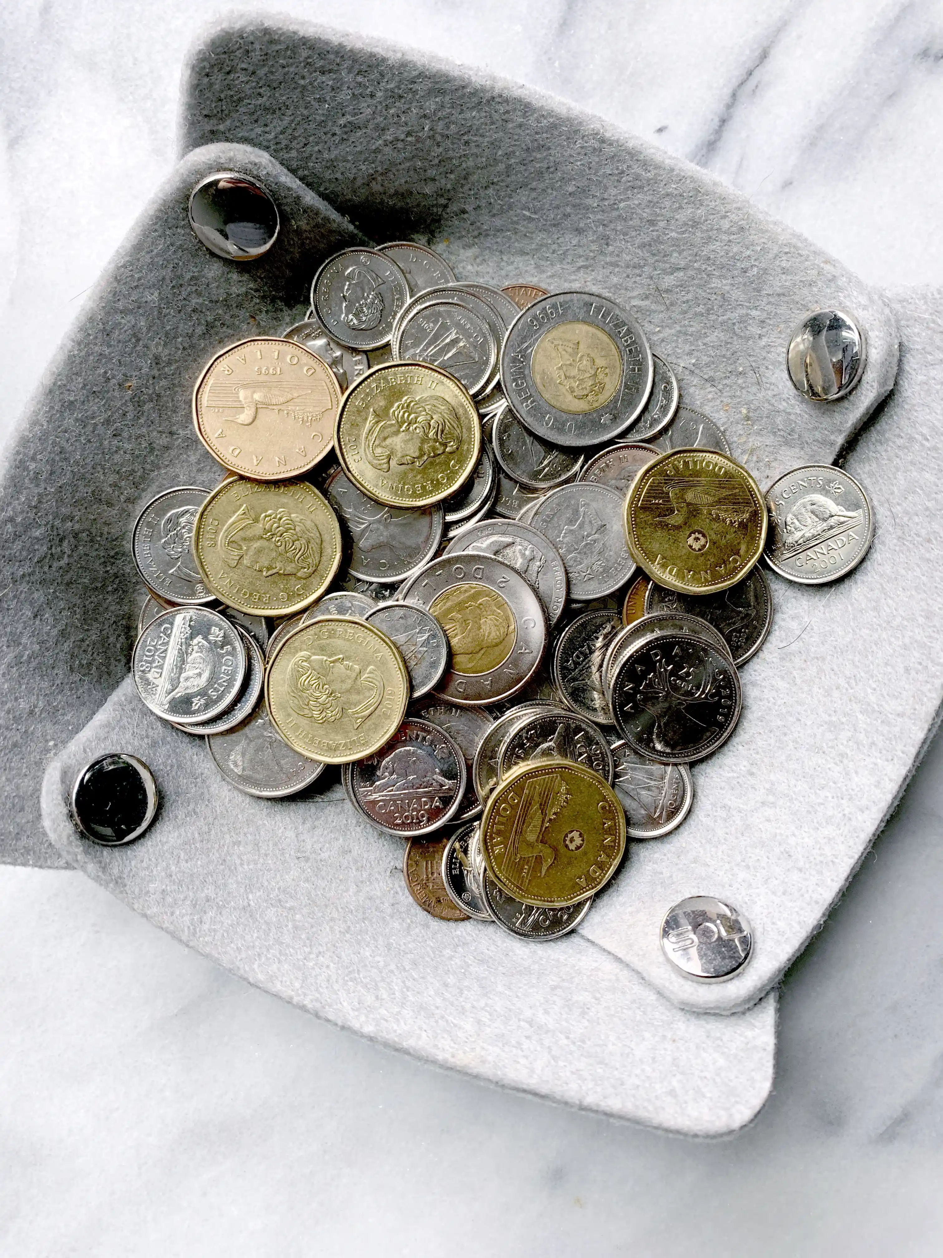 Canadian coins sitting in grey dish