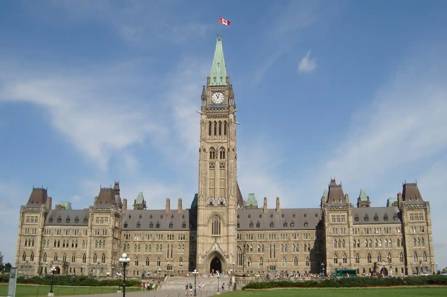Canadian parliament building set against blue sky