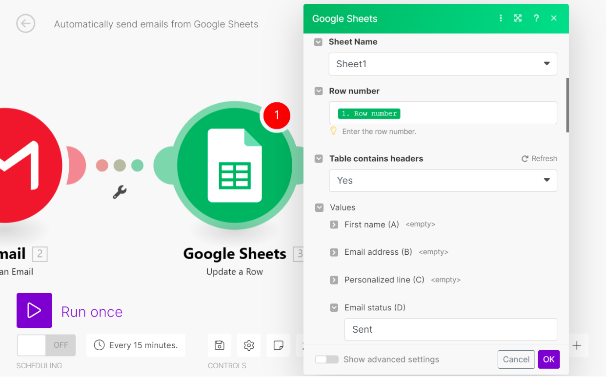 Google Sheets Update a Row module to mark emails as sent