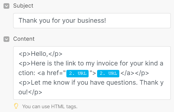 Screenshot showing email subject and content fields in Make.com Gmail module, with invoice URL mapped.