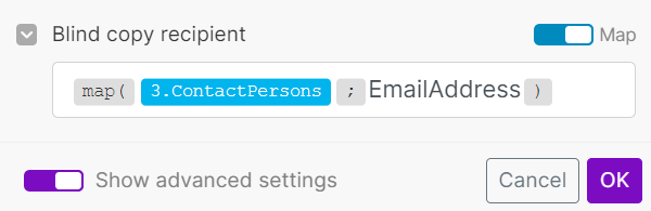 Screenshot of Make.com Gmail module advanced settings, showing the map() function for BCC recipients.