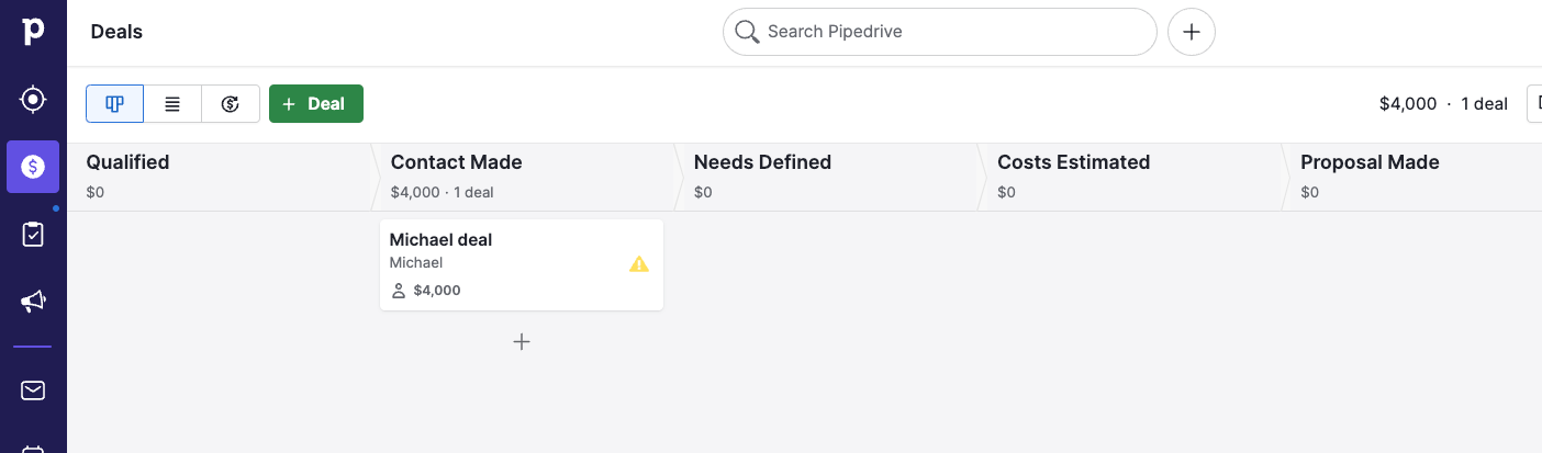 Pipedrive CRM deals interface showing custom fields
