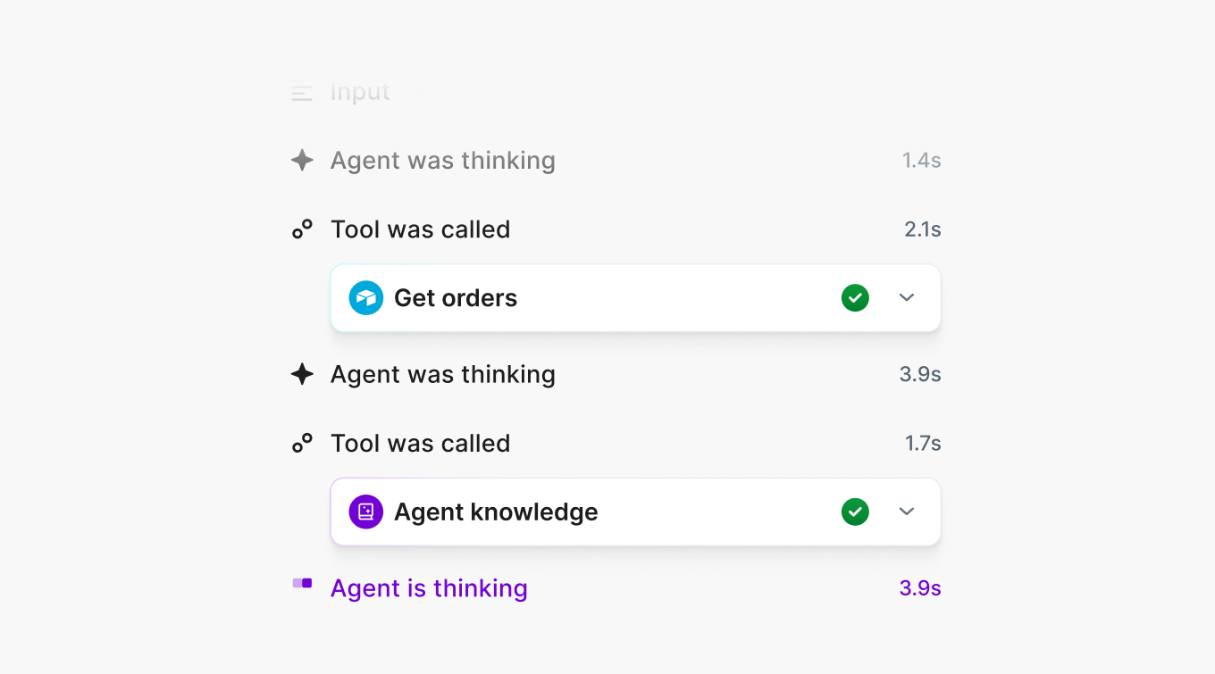 Make's Reasoning panel showing an AI Agent's step-by-step decisions, thinking and calling tools