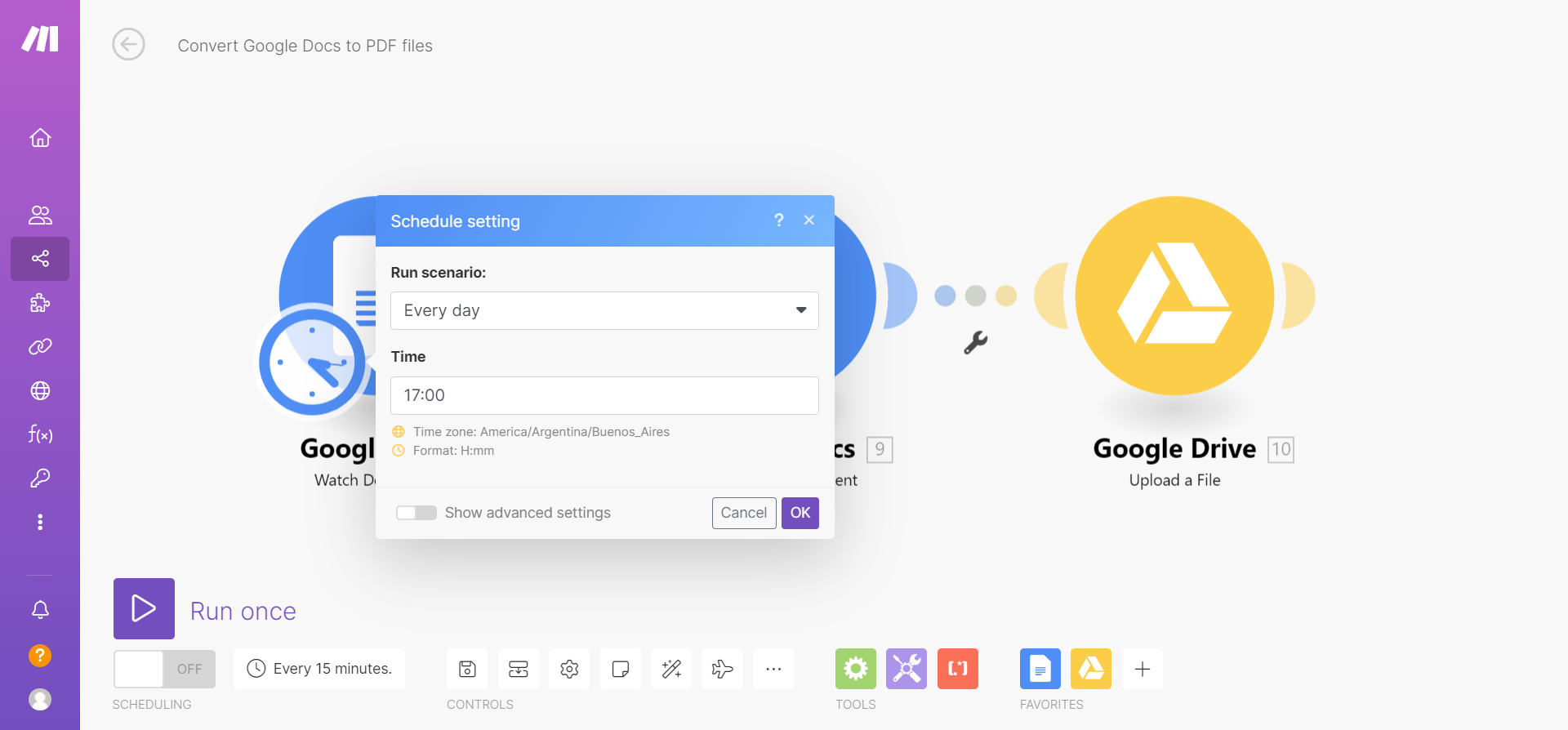 Scheduling the Make.com scenario to run automatically