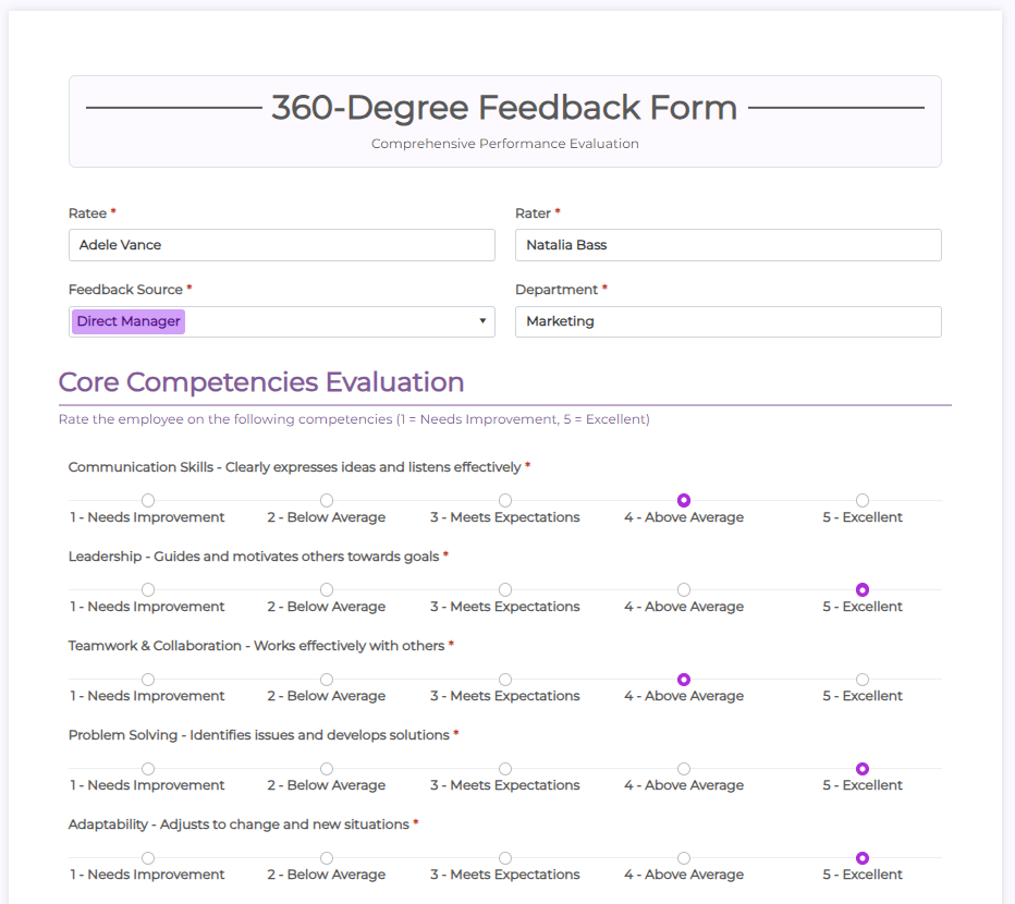 Sample 360-degree feedback form structure