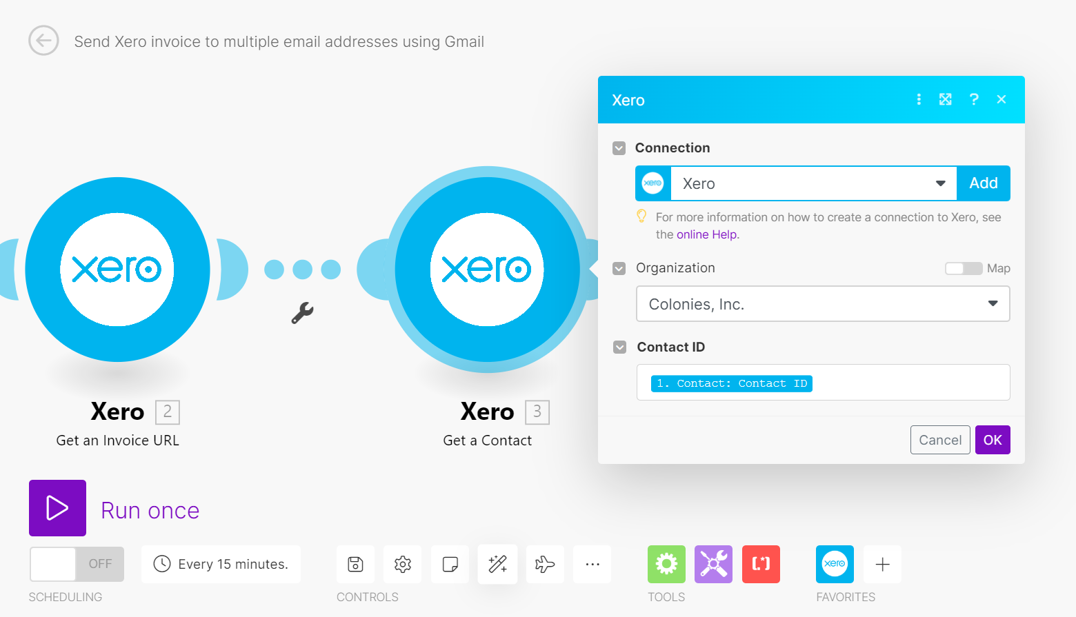 Screenshot of Make.com 'Get a Contact in Xero' module, mapping the Contact ID to retrieve email addresses.