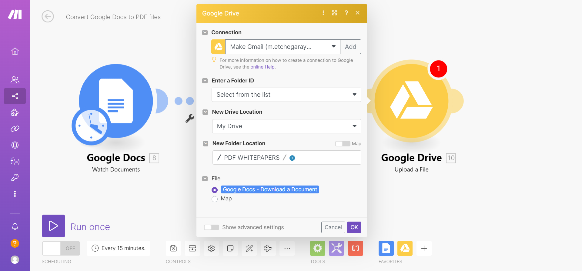 Configuring the Google Drive module to specify the destination folder