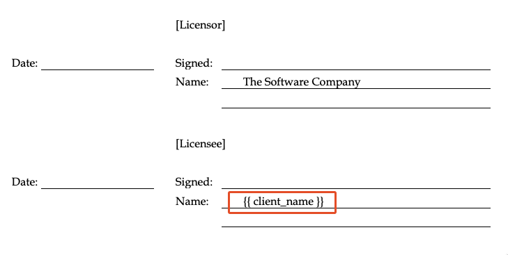 Google Docs contract template with dynamic field placeholders