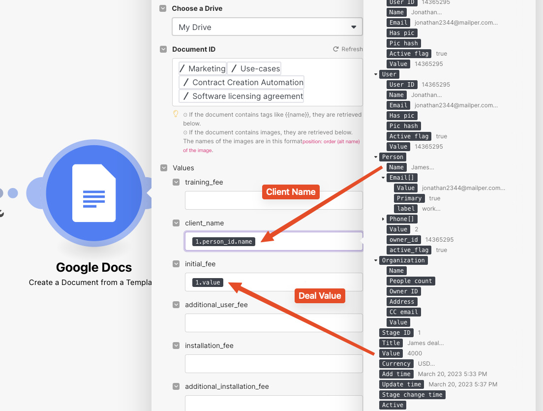 Make interface showing field mapping between Pipedrive and Google Docs