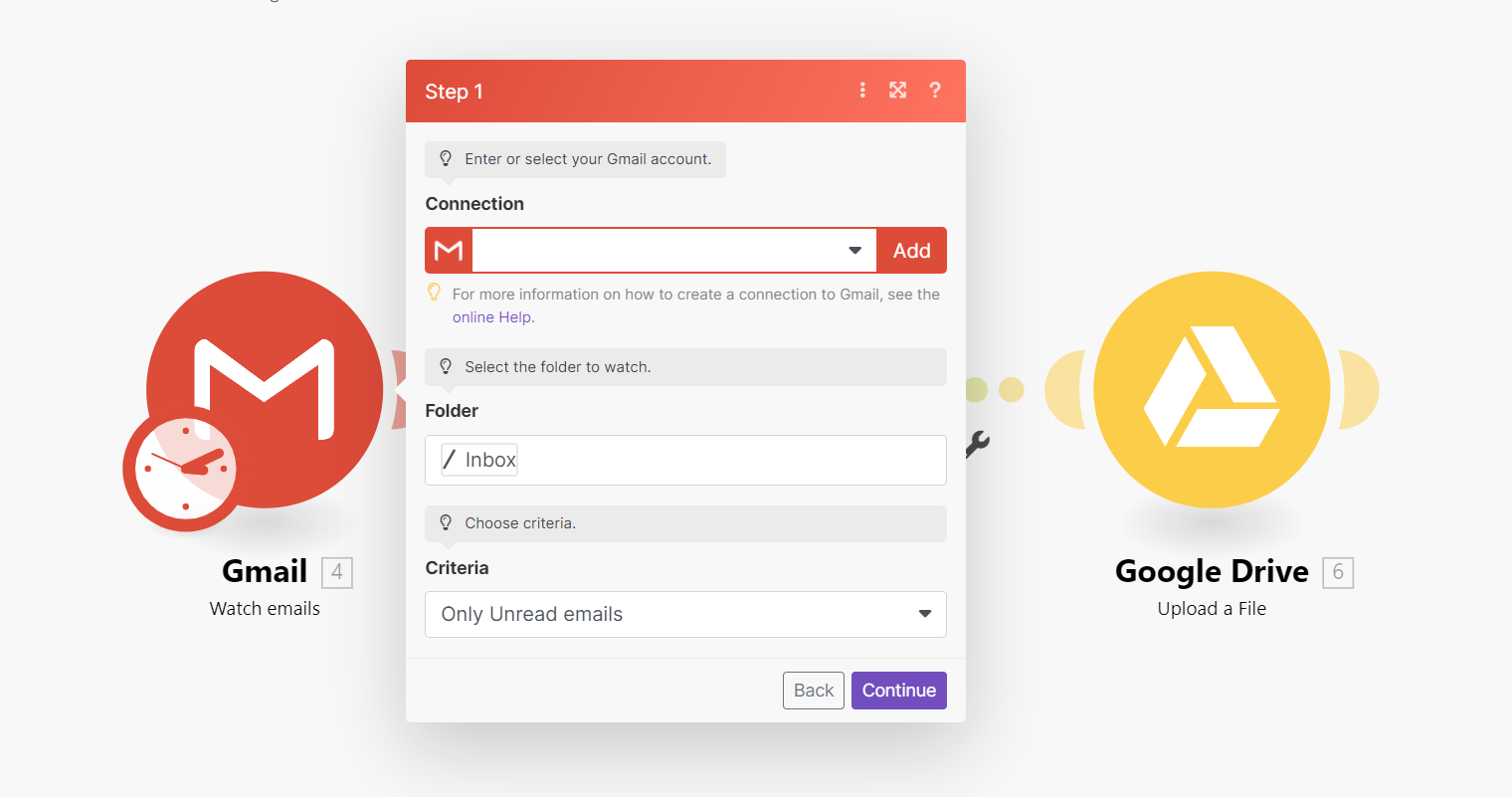 Gmail module configuration screen in Make