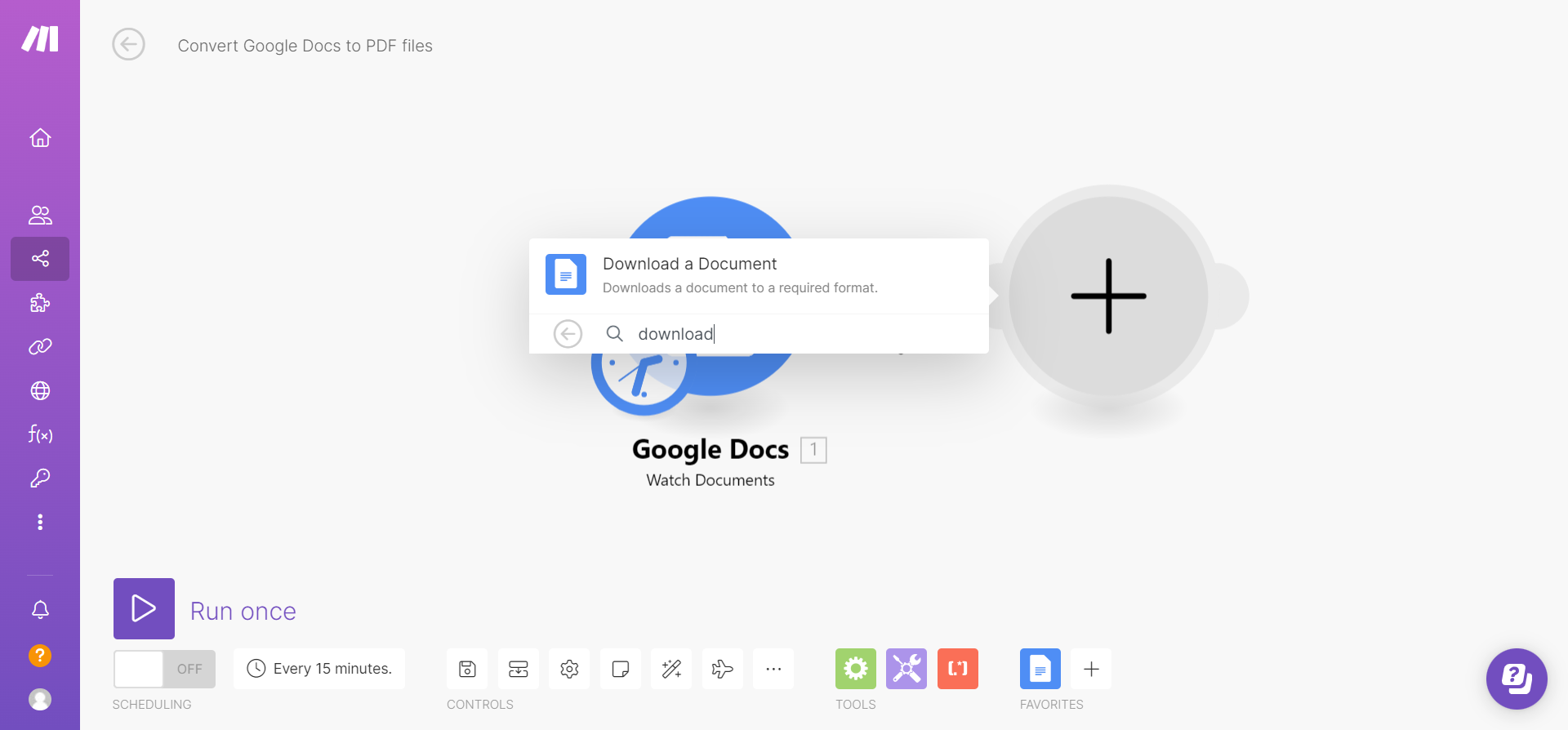 Adding the Google Docs 'Download a Document' module to the scenario