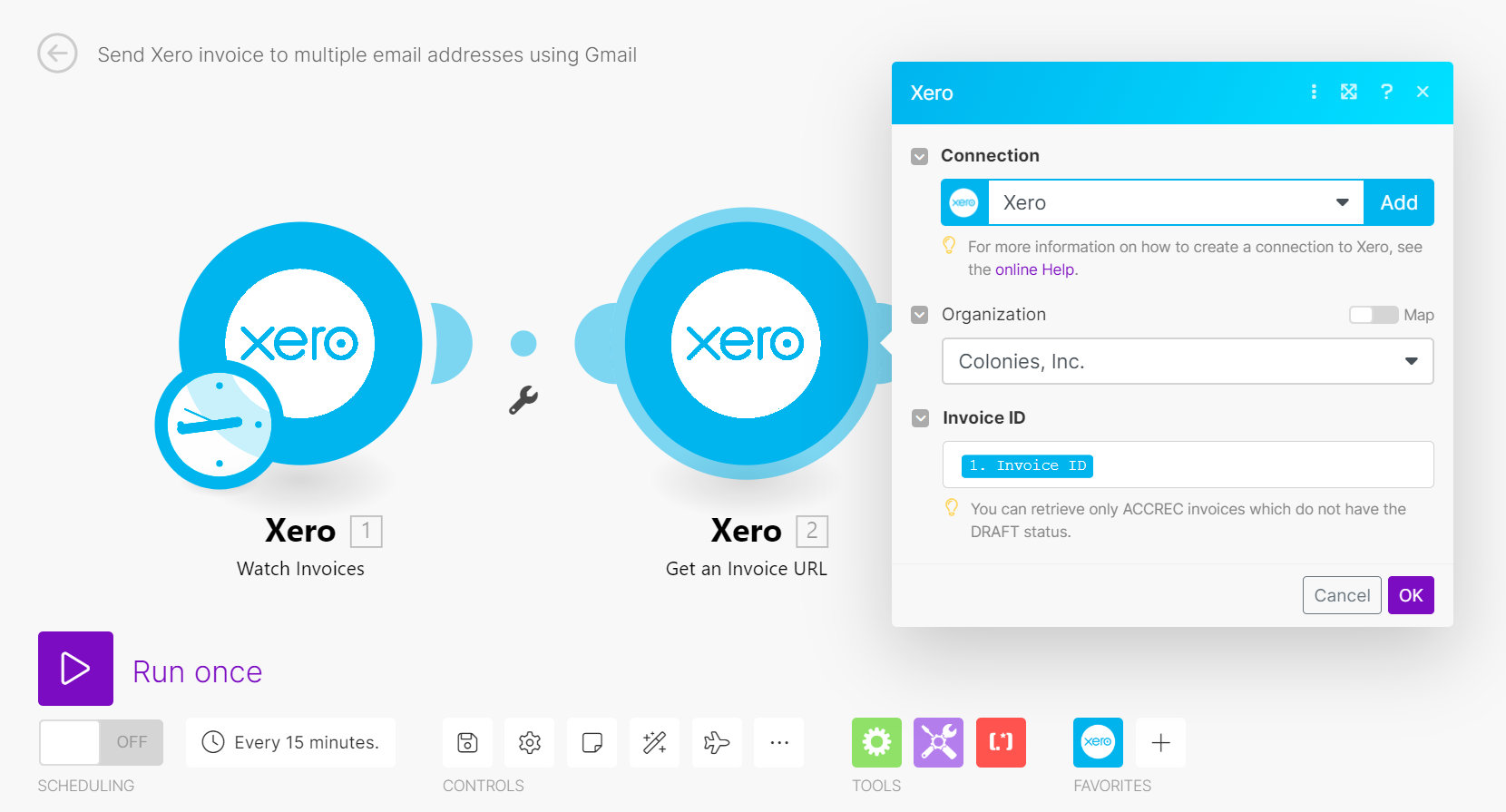 Screenshot of Make.com 'Get an Invoice URL in Xero' module, mapping the Invoice ID.