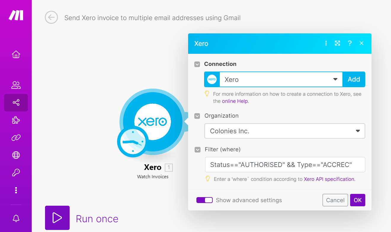 Screenshot of Make.com 'Watch Invoices in Xero' module configuration with filter for AUTHORISED and ACCREC invoices.