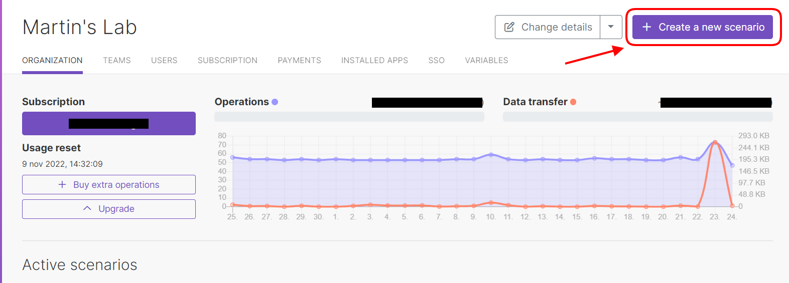 Create new scenario in Make dashboard