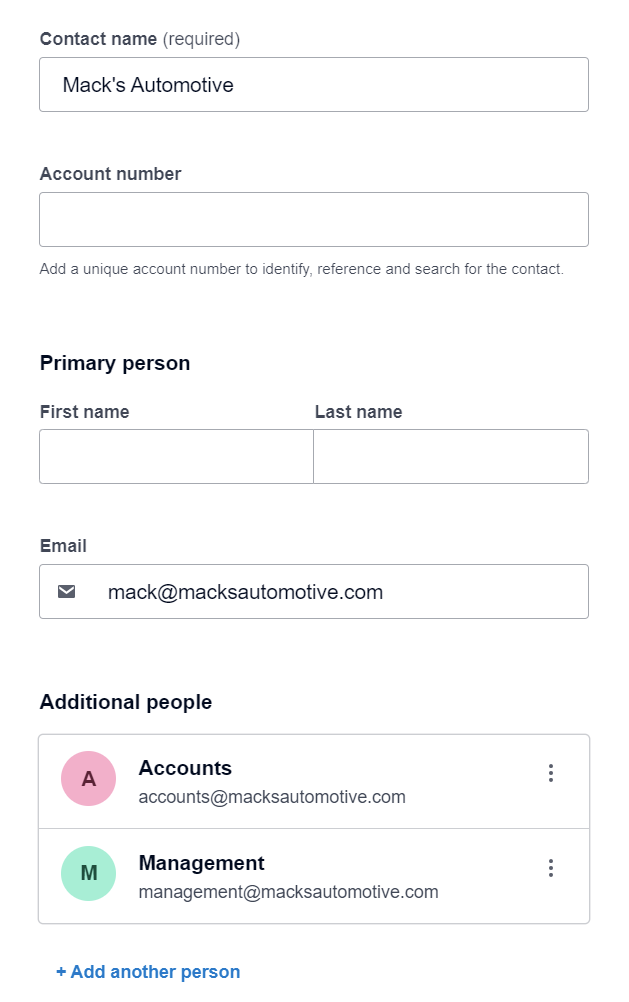 Screenshot showing how to add multiple email addresses to a Xero contact, with primary and additional contacts highlighted.