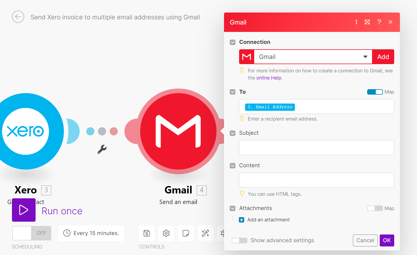 Screenshot of Make.com Gmail module configuration, mapping primary email to 'To' field.