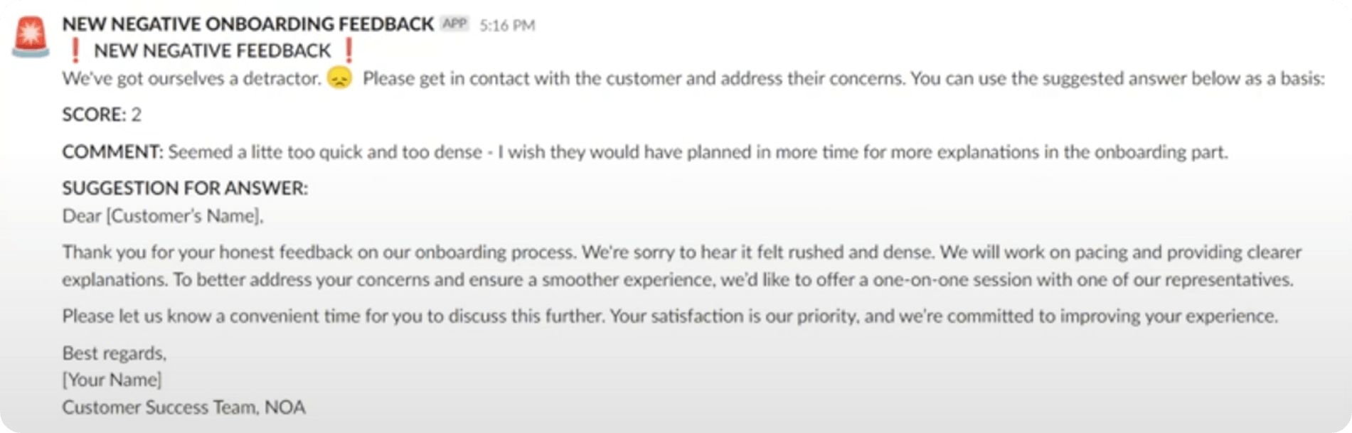Negative feedback alert in Slack with AI-generated response