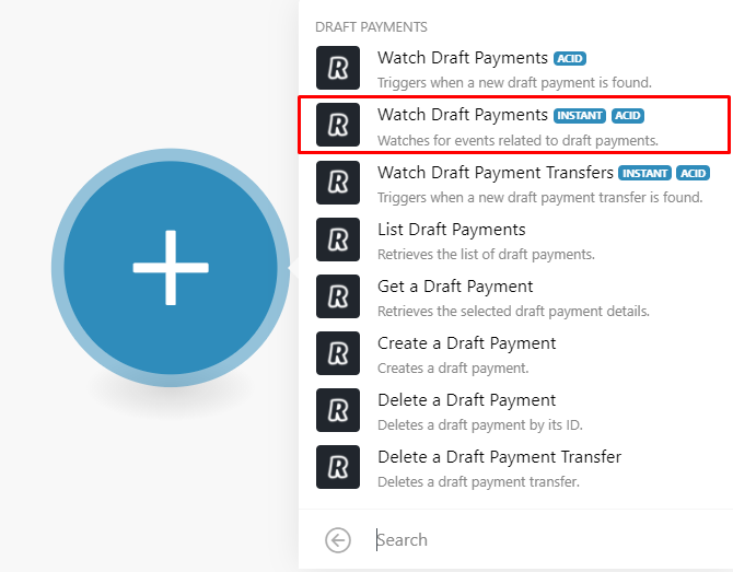 Screenshot showing the 'Watch Draft Payments' module selected
