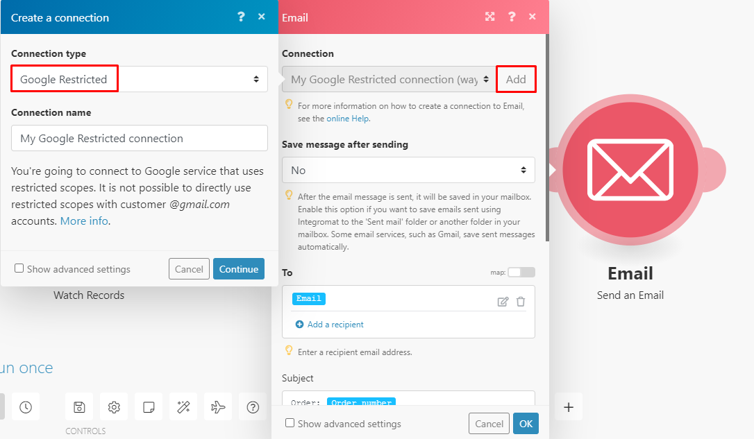 Email connection type options in Make.com