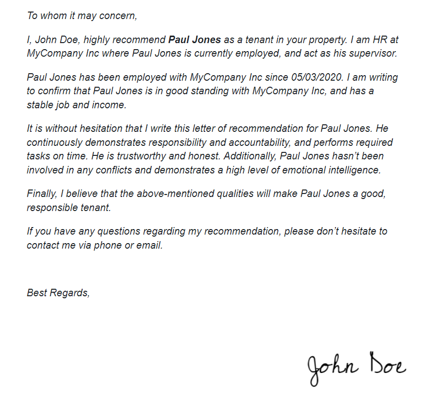 Google Docs template for a rental reference letter with placeholders like {{age}} and {{first name}}.