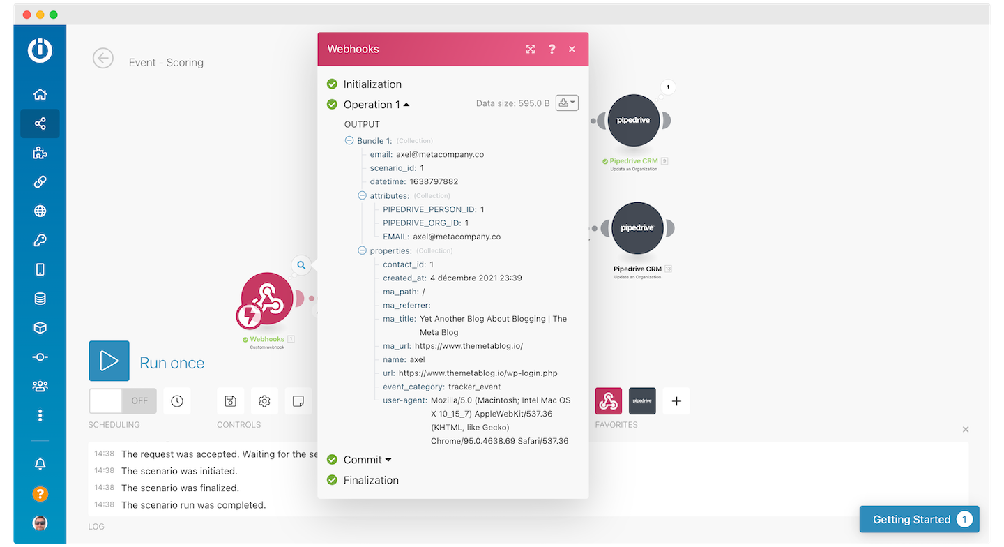 Screenshot of a Make.com webhook updating information.