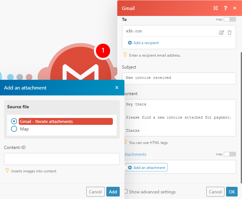 Gmail Send an email module configuration