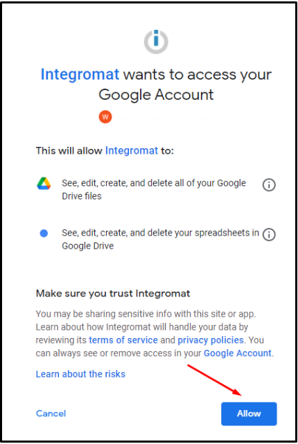 Screenshot of connecting Google account to Make