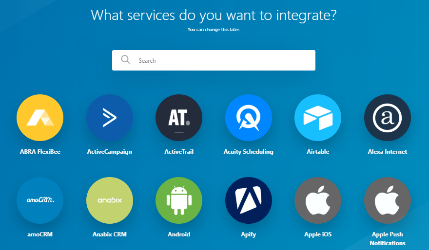 Screenshot of available Integromat apps