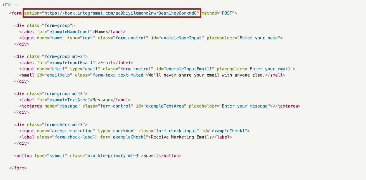 HTML code showing the 'action' attribute of a form