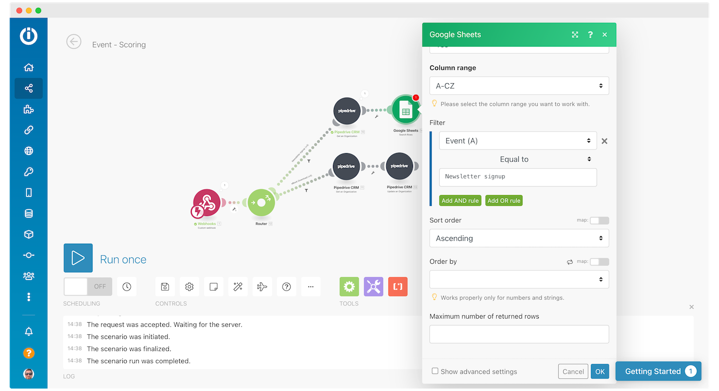 Screenshot showing how to link a spreadsheet to a Make.com scenario.