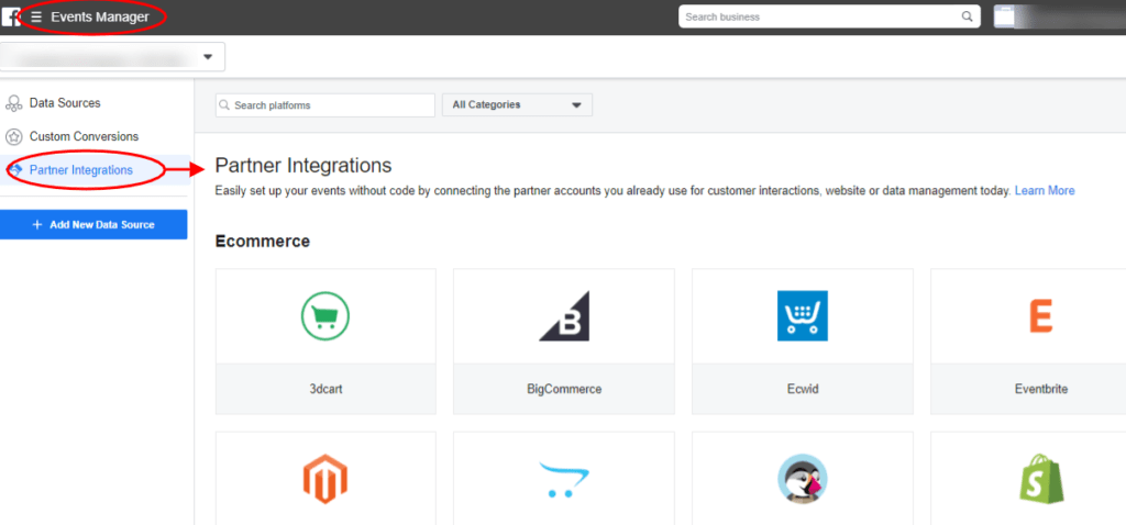 Screenshot of Facebook Partner Integrations section in Events Manager