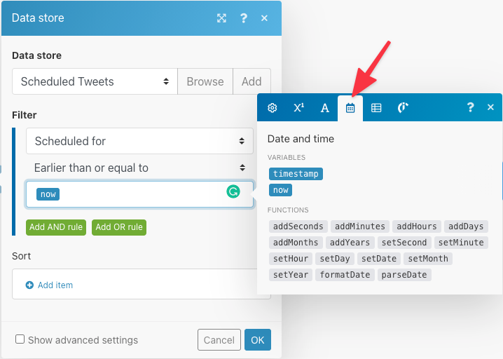 Make scenario for executing scheduled tweets