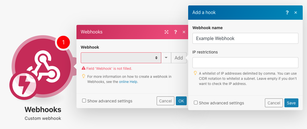 Make.com custom webhook module setup