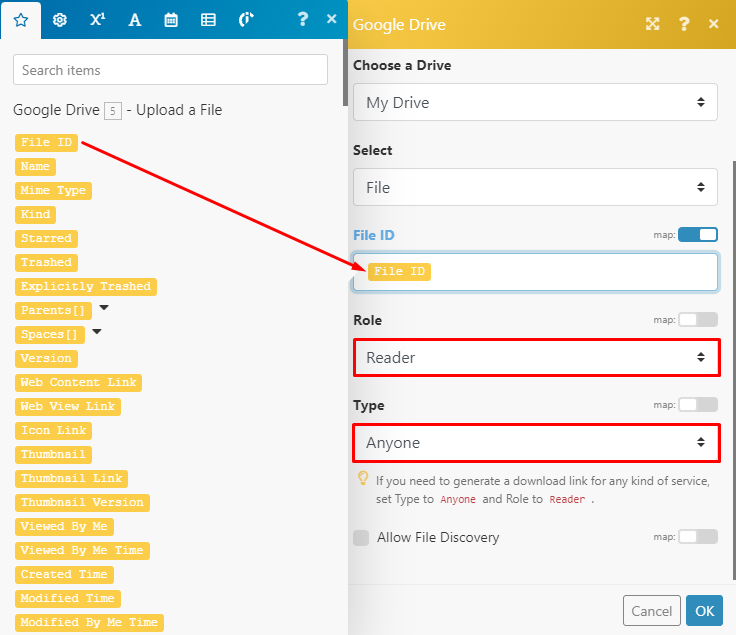 Google Drive Get a share link module configuration