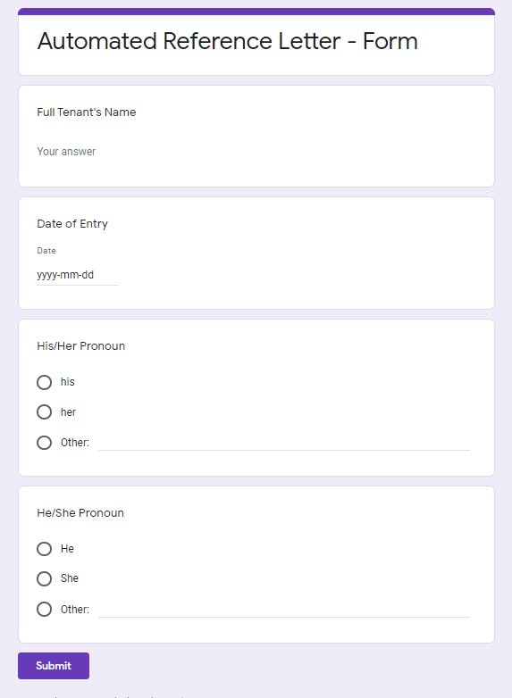 Google Form for collecting tenant data, mirroring the placeholders in the Google Docs template.